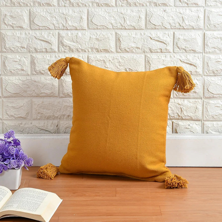 Sashaa World 100% Cotton Cushion Covers Colour Mustard With Tassels/decorative Throw Pillow( Set Of 2)