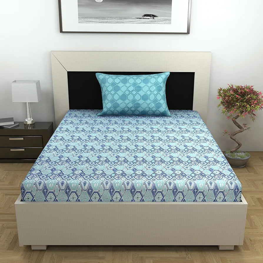Divine Casa 144 TC 100% Pure Cotton Single Size Bedsheet with 1 Pillow Cover Geo Nordic Hexa Colour Ice Aqua Blue