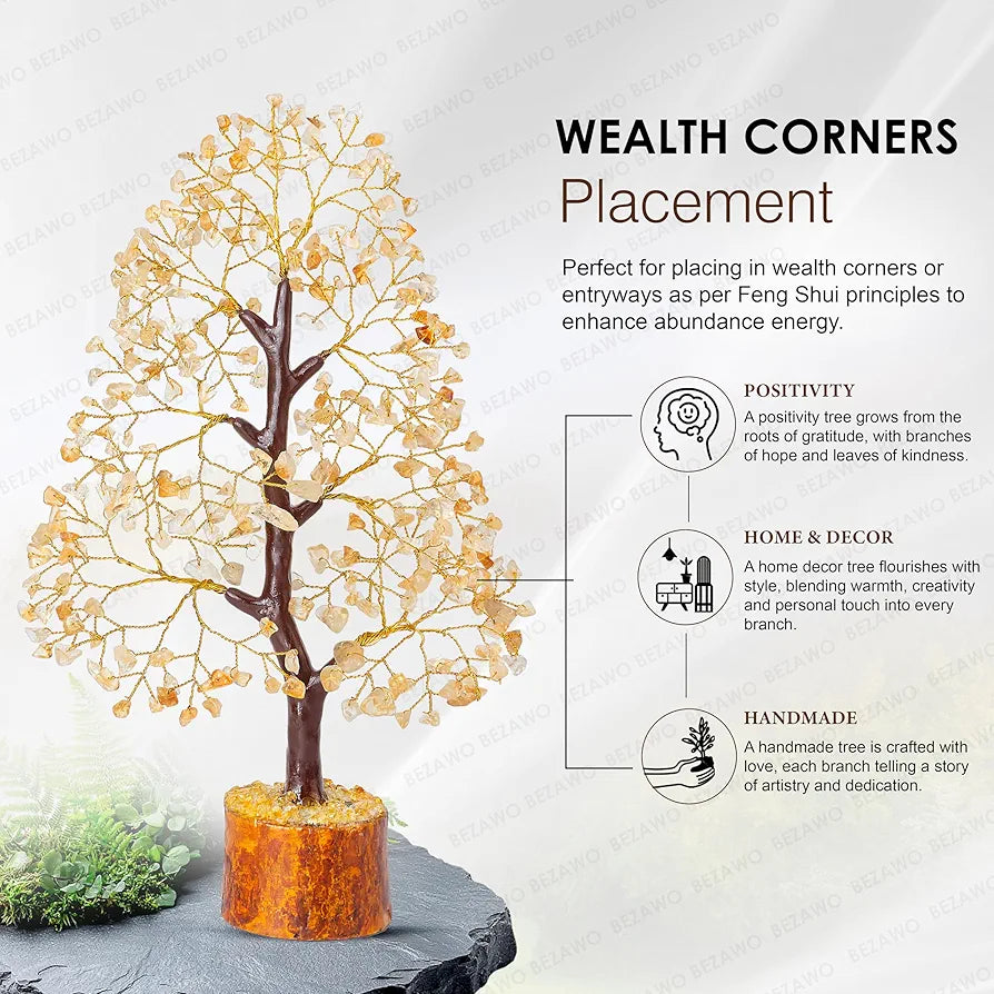 Bezavo Citrine Crystal Tree of Life Feng Shui Money Tree Golden Wire for Positive Energy & Success
