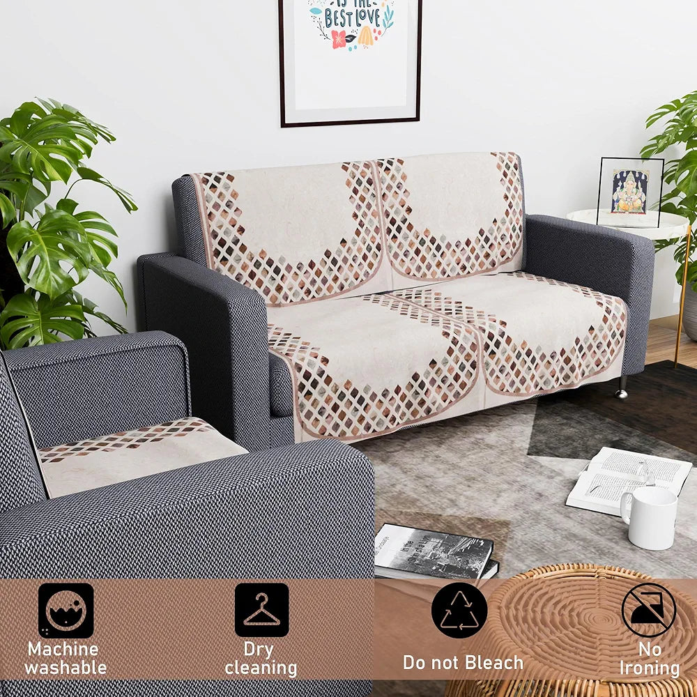 Kuber Industries Set of 6 Velvet 2+1 Seater Sofa Covers Dot Border Cream & Brown