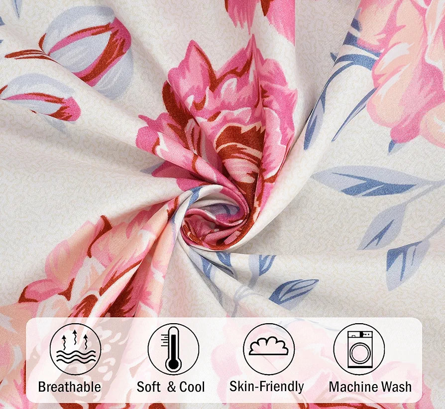 Fresh From Loom Floral Print 240 TC Single Bed Microfiber Bedsheet Set 1 Pillow Covers Rose-Offwhite