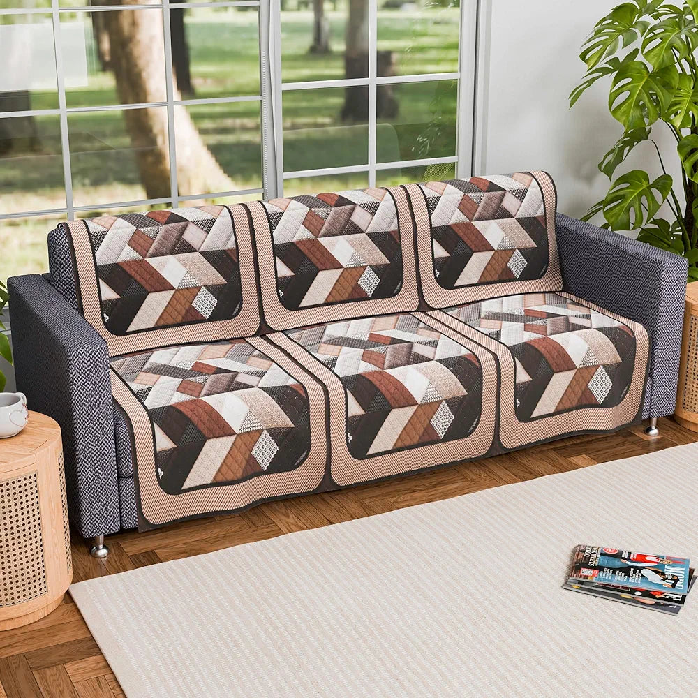Kuber Industries Set of 6 Velvet 3 Seater Sofa Covers for Living Room Triangular-Cream & Brown