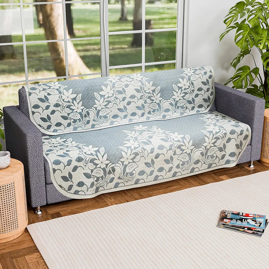 Kuber Industries 3 Seater Long Sheet Cotton Sofa Covers for Living Room Floral Design Blue