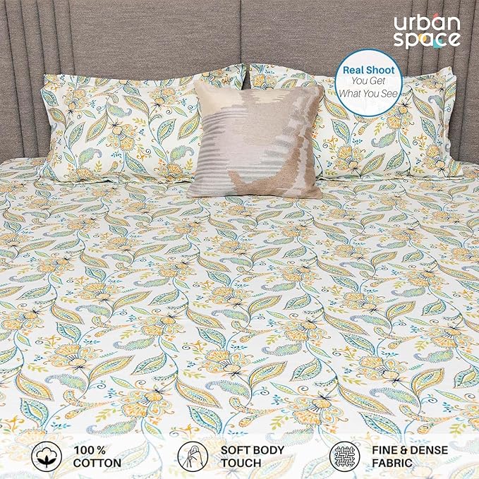 Urban Space Serene Cotton Floral Bedsheet For Double Bed With 2 Pillow Covers (Colour Iris Blue)