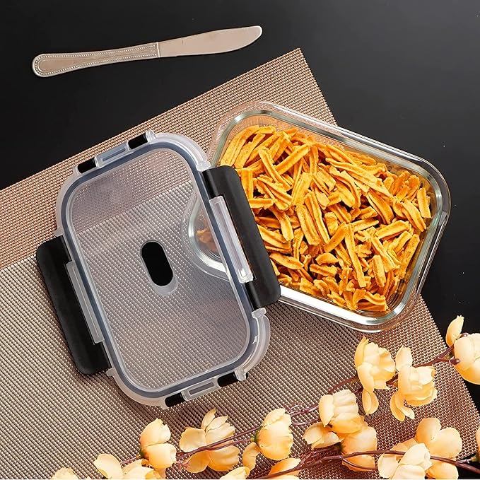 Femora Borosilicate Rectangle Microwave Oven Safe Glass Container With Dectahable & Break Free Lid | Black Color | 1500 Ml