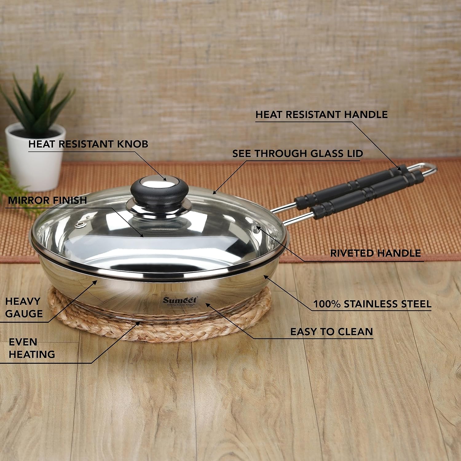 Sumeet Stainless Steel Induction Bottom Fry Pan with Glass Lid 2.250 Liter 25.5 cm Silver