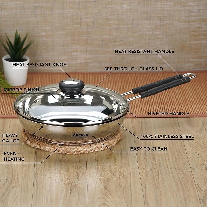 Sumeet Stainless Steel Induction Bottom Fry Pan with Glass Lid 1.7 Liter 23.5 cm Silver