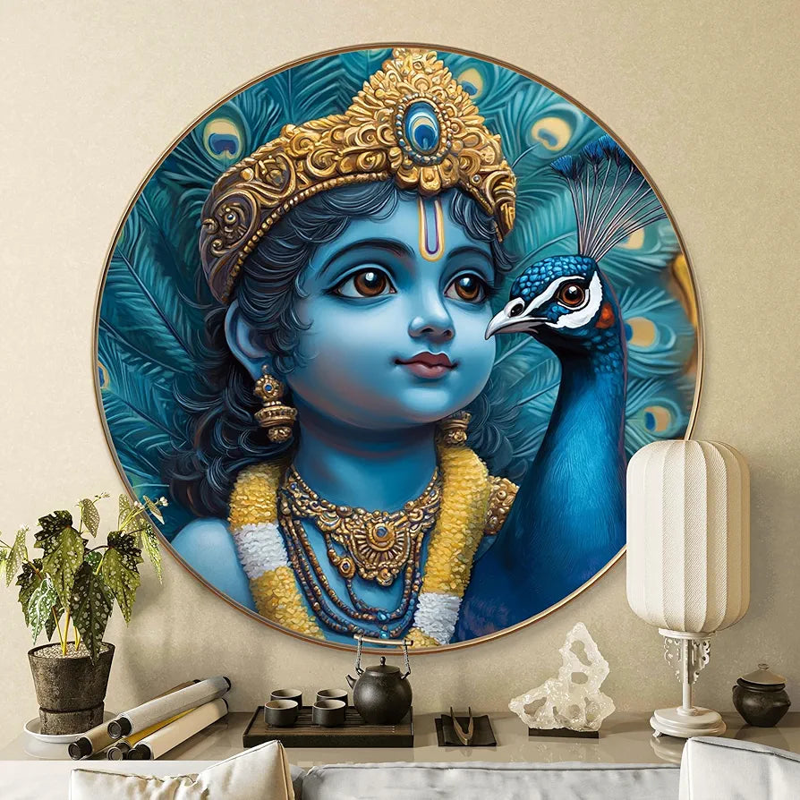 Livin'luxe Paintings Krishna with Peacock Divine Wall Painting with Frame - Sparkle Glossy Round Golden Framed Large