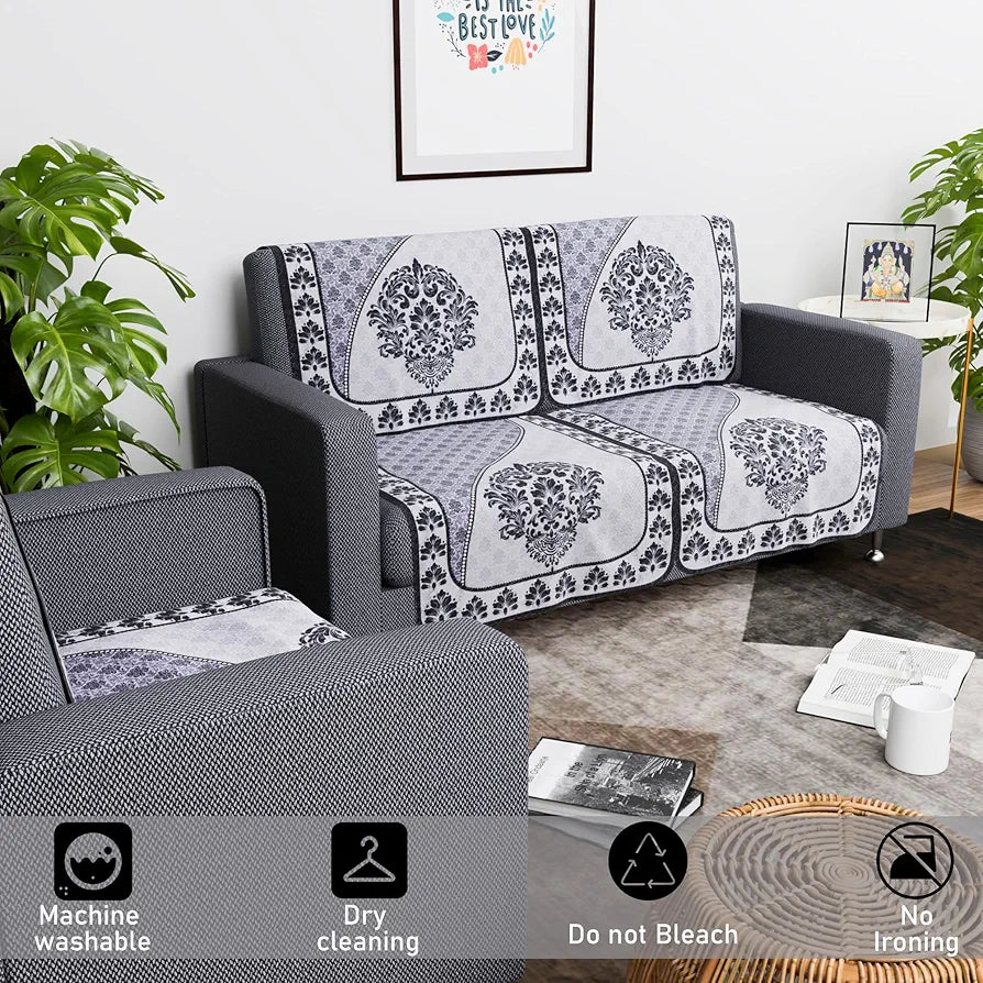 Kuber Industries Set of 6 Net Durable 2+1 Seater Sofa Covers Floral Print Black & Grey