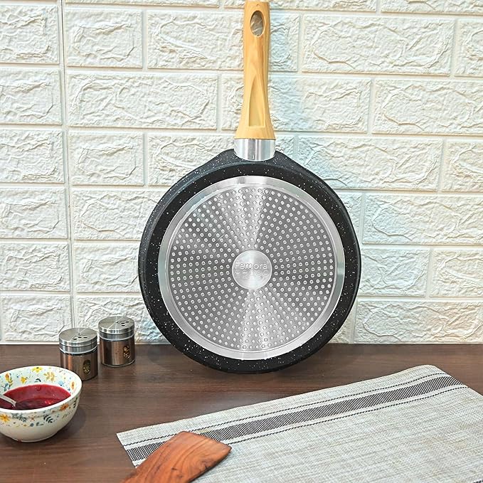 Femora Foged Die Cast Aluminium Non Stick 24 Cm Frypan With Wood Finish Handle | Granite Finish | Induction & Gas Ready