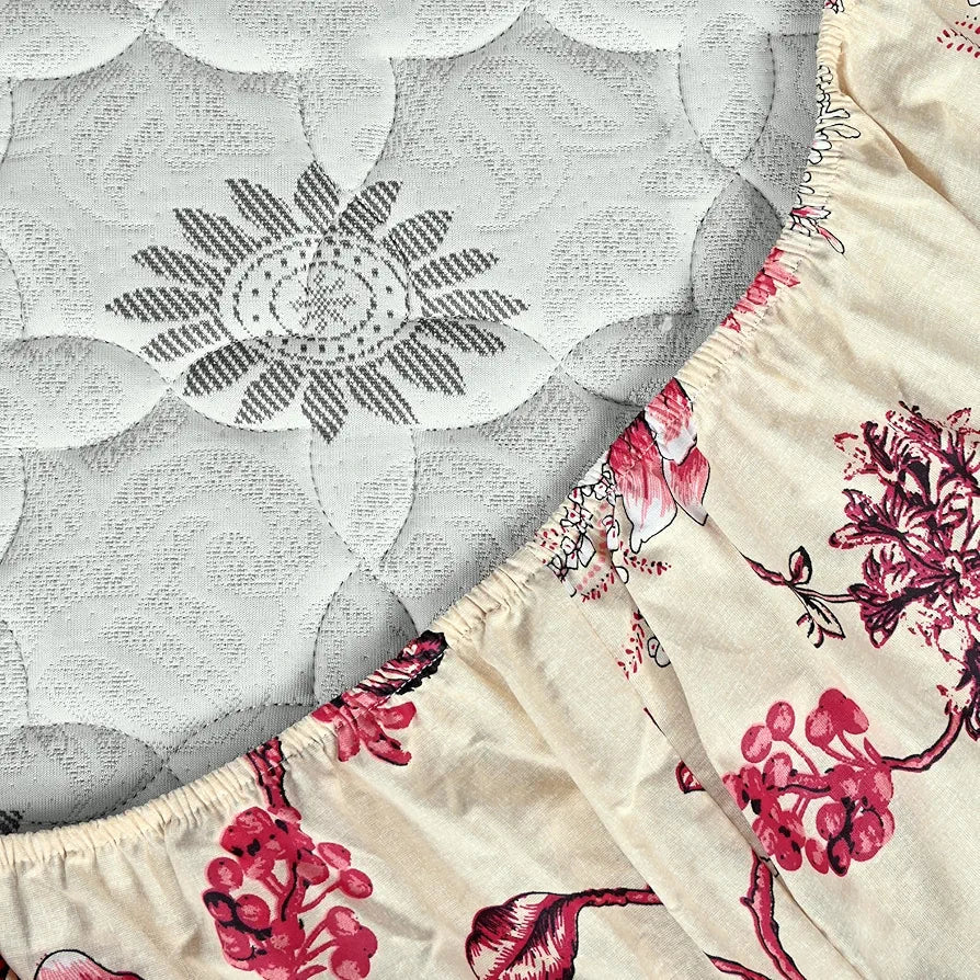 Divine Casa Floret 100% Cotton King Fitted Bedsheet 144 TC Deep Pocket Design Soft & Breathable Fabric Colour Summer Fern