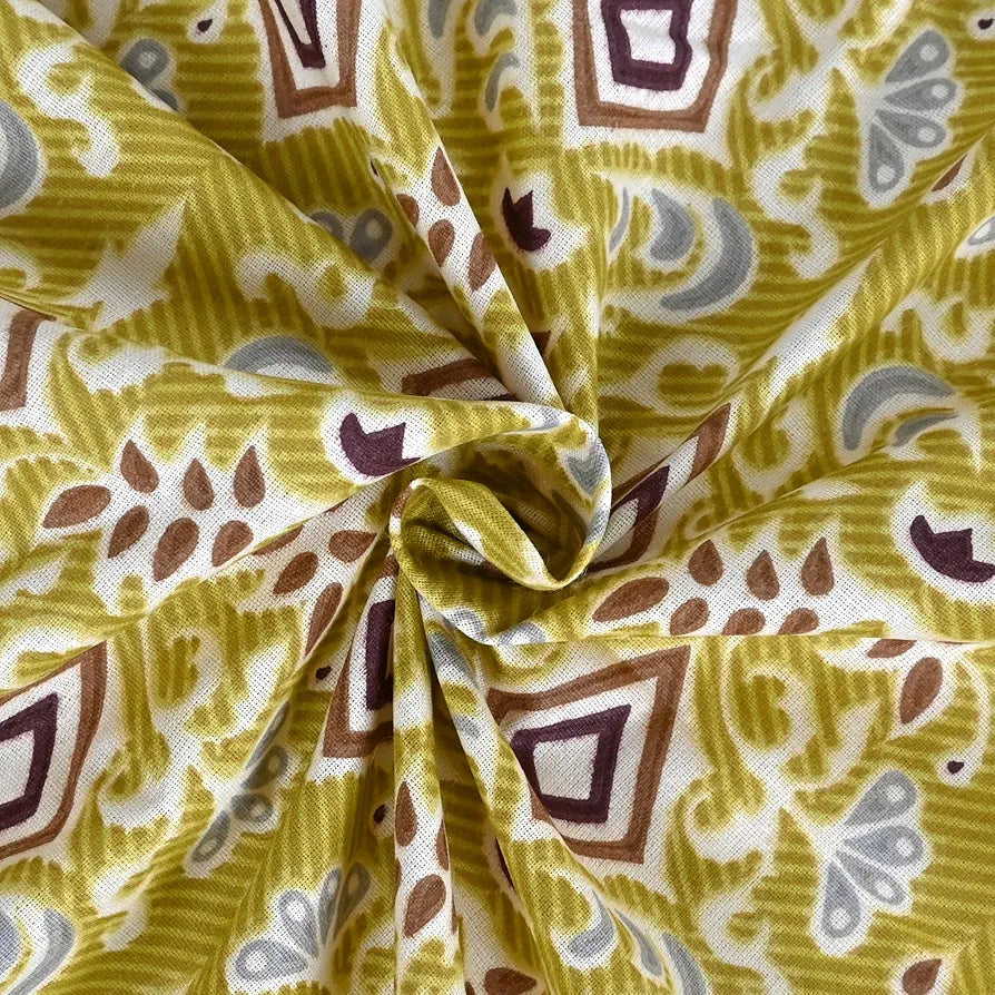 Divine Casa 144 TC 100% Pure Cotton Double Bedsheet with 2 Pillow Covers Ikat Diamond Print Colour Mustard Yellow