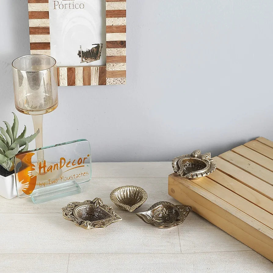 Two Moustaches Auspicious Set of 4 Brass Diyas Brass