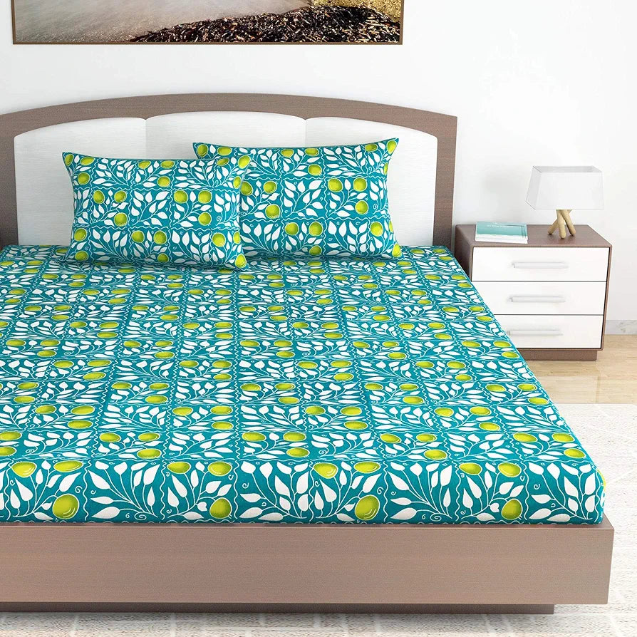 Divine Casa 100% Cotton 144 TC King Size Bedsheet with 2 Pillow Covers Colour Teal & Yellow