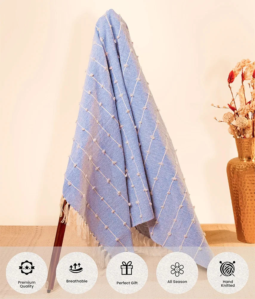 Sajavat Home Hand Knitted Pure Cotton 3 Seater Sofa Throw Colour Blue