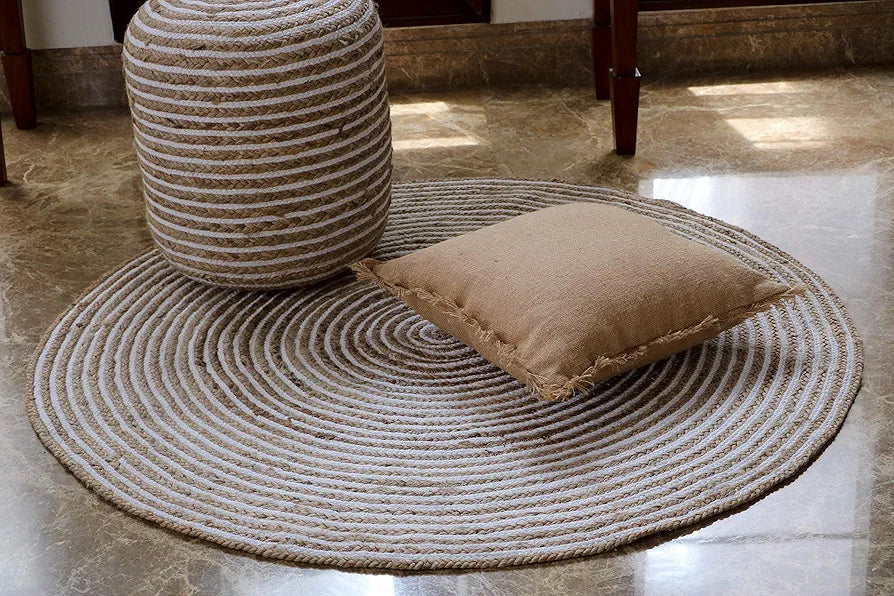 The Home Talk Natural Handcrafted Braided Round Jute Rug 120 cm White
