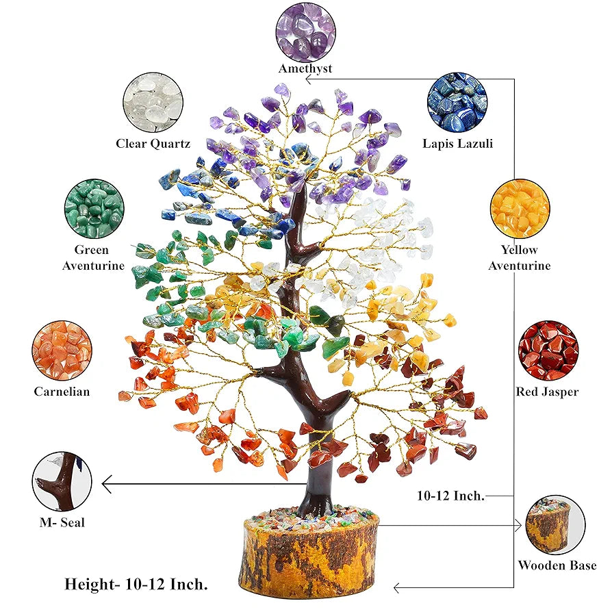 Zaicus Seven Chakra Crystal Tree of Life Stone Fortune Feng Shui Bonsai Golden Wire 10-12 Inch
