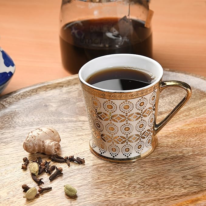 Femora Traditional Circles With Leaves Pattern Golden Tea Mugs | Coffee Mugs | 180 Ml | Golden | 6 Pcs Set | Not Microwave Safe