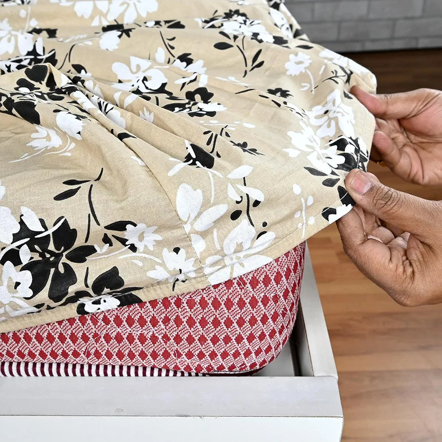 Divine Casa Floret 100% Cotton Double Fitted Bedsheet 144 TC Colour Ivory Sunflowers