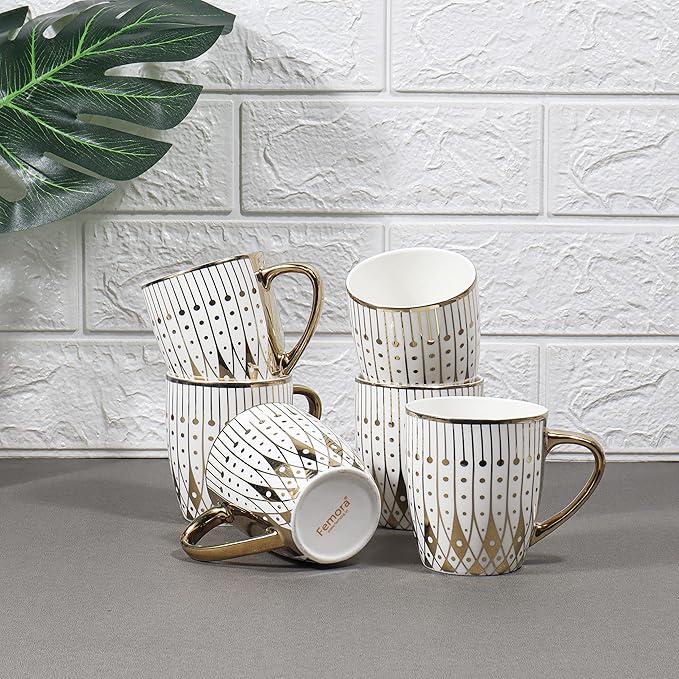 Femora Gold Modern Pattern With White Background Golden Coffee Mugs| 160 Ml | Golden | 6 Pcs Set | Not Microwave Safe