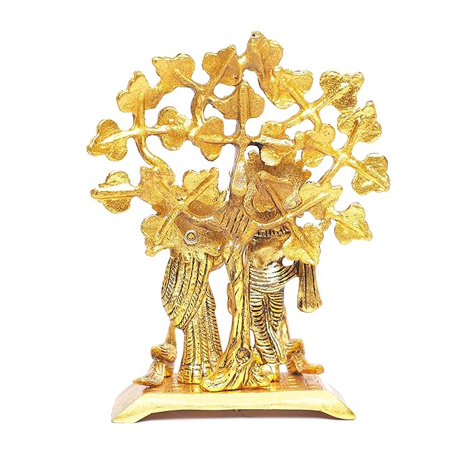 KridayKraft Radha Krishna Standing Playing Flute Under Tree idol Metal Statue Gold