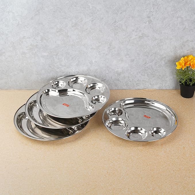 Sumeet Stainless Steel Round 5 in 1 Compartment Lunch Big Plates Set of 4Pcs 34cm Silver