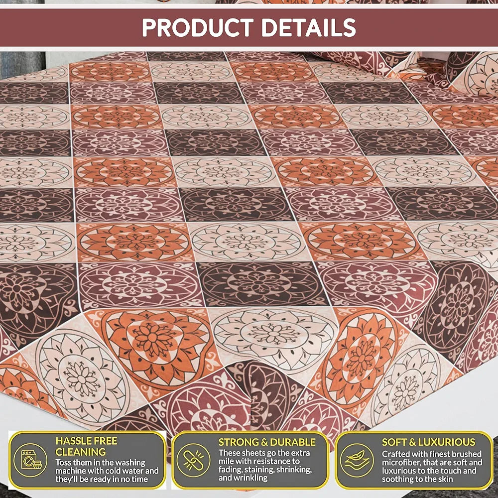 Kuber Industries Cotton Fitted Bedsheets For Double Bed With 2 Pillow Covers Brown