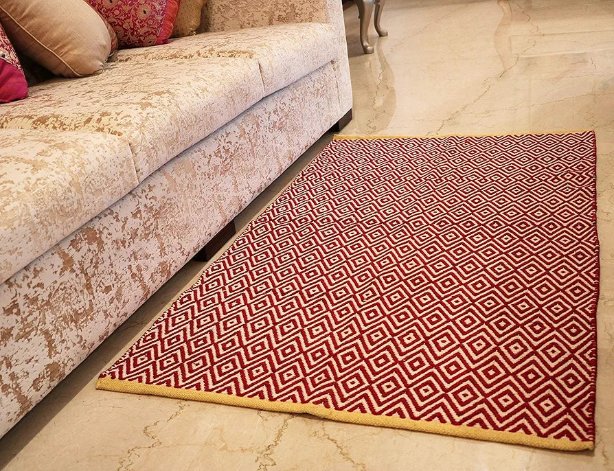 The Home Talk Handmade Cotton Carpet Diamond Reversible Mats Area Rugs for Bedroom Red