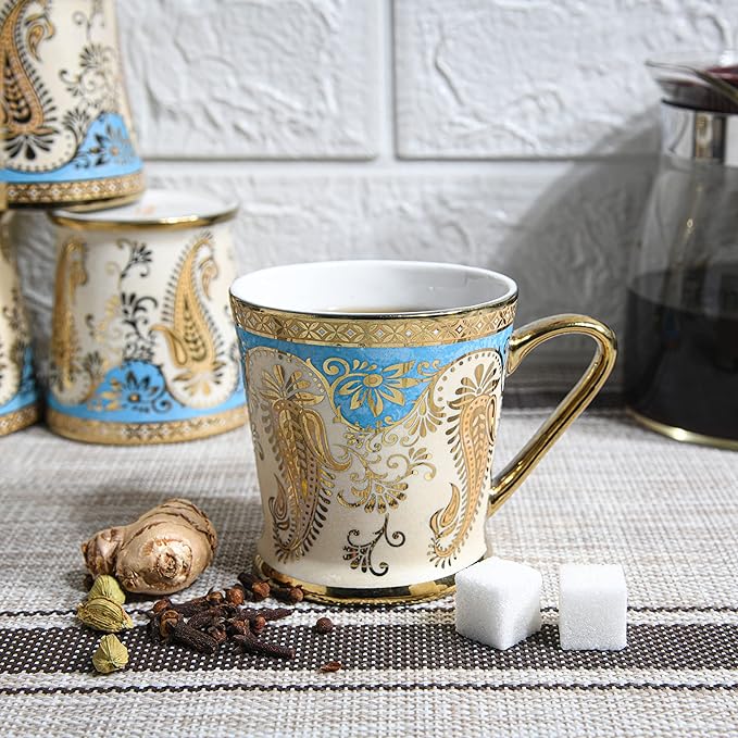 Femora Golden Leaf Tea Mugs, Ceramic Tea Cups, Coffee Mugs | 180 Ml | Golden | 6 Pcs Set | Not Microwave Safe