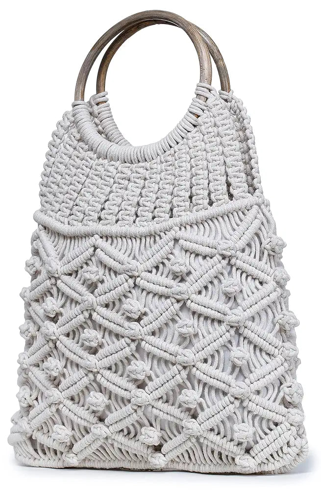 Klondon Alii And Aliizey Off-white Macrame Braided Wooden Handle Handbag
