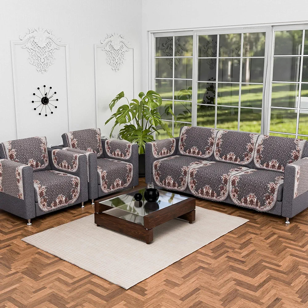 Kuber Industries Set of 16 Anti-Skid Sofa Cover 5-Seater with Arm Cover Floral Print Dark Olive Green