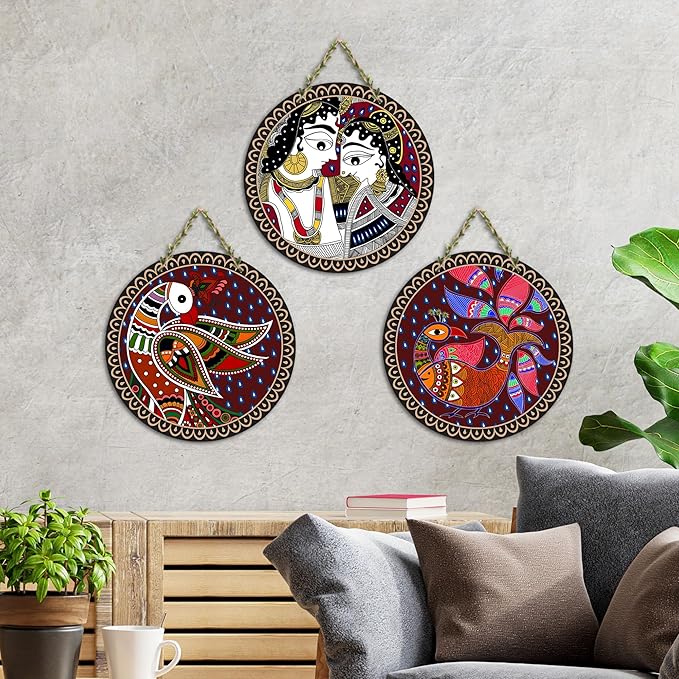 Artvibes Madhubani Art Wooden Wall Hanging Decoration Items for Home | Set of 3