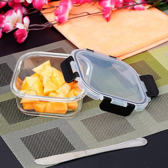 Femora Borosilicate Square Microwave Oven Safe Glass Container With Dectahable & Break Free Lid | Black Color | 500 Ml