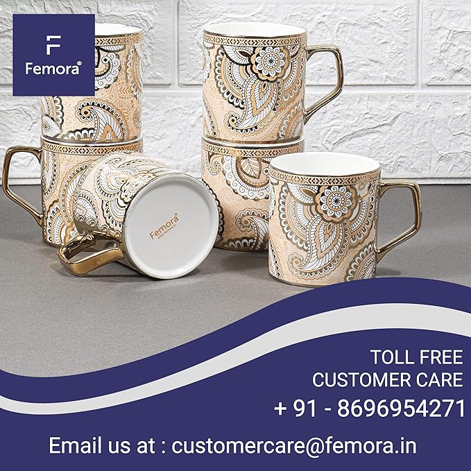 Femora Floral Pattern With Radial Background Golden Coffee Mugs | 180 Ml | Golden | 6 Pieces Set | Not Microwave Safe