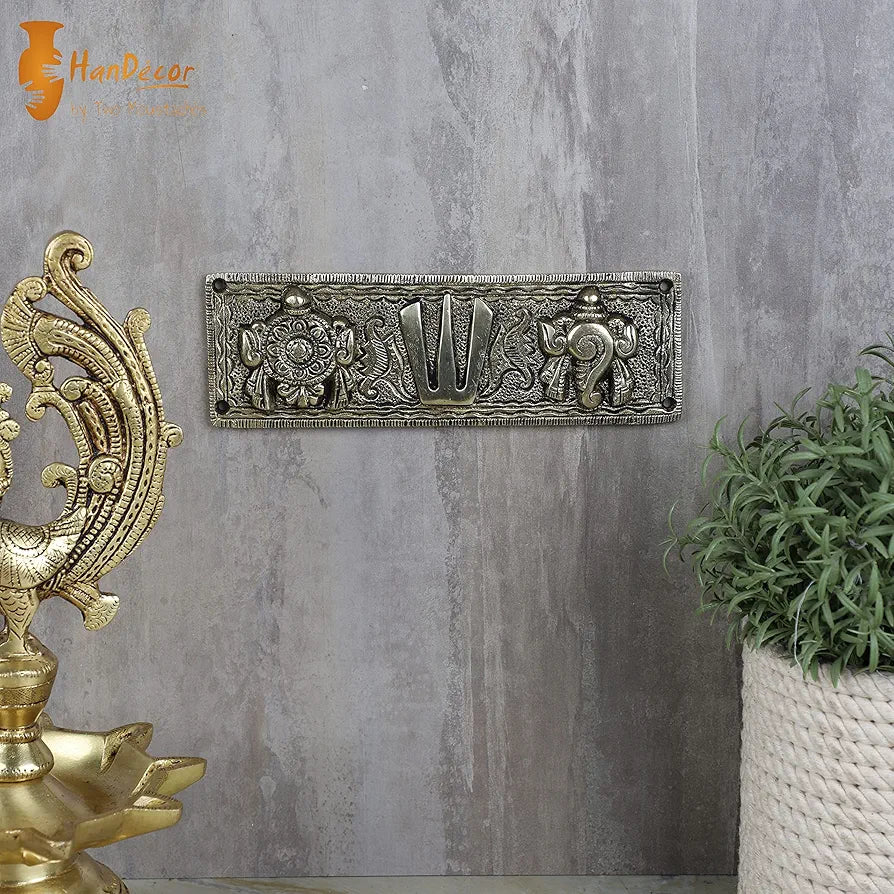 Two Moustaches Brass Shankh Chakra Namah Wall Hanging Antique White