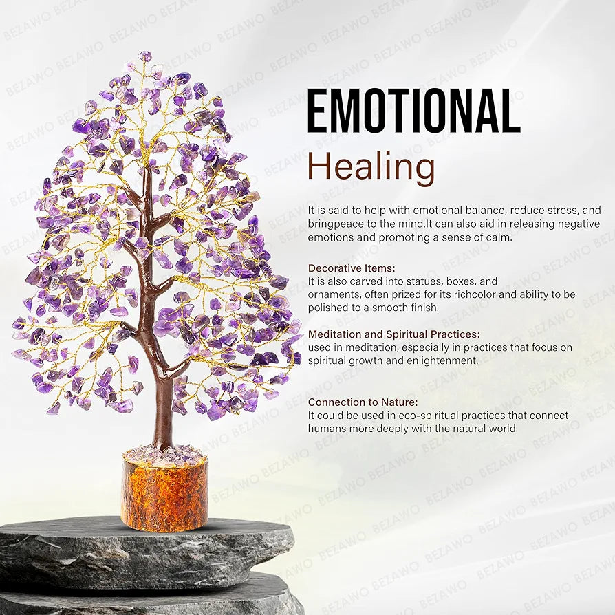 Bezavo Amethyst Gemstone Crystal Bonsai Tree – Good Luck Money Tree for Home & Office Decor  10-12 Inch