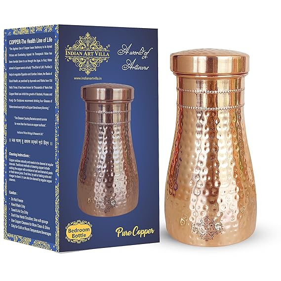 Indian Art Villa Pure Copper Bedroom Water Bottle With Inbuilt Glass Hammered Shine Design