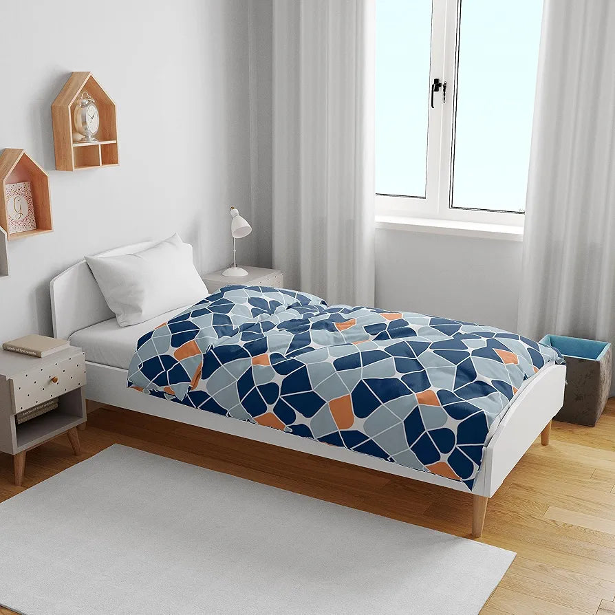 Divine Casa 120 GSM Microfiber Single Kids Dohar Soft & Lightweight Throw Blanket Geometric Pattern Colour Blue-Grey & Orange