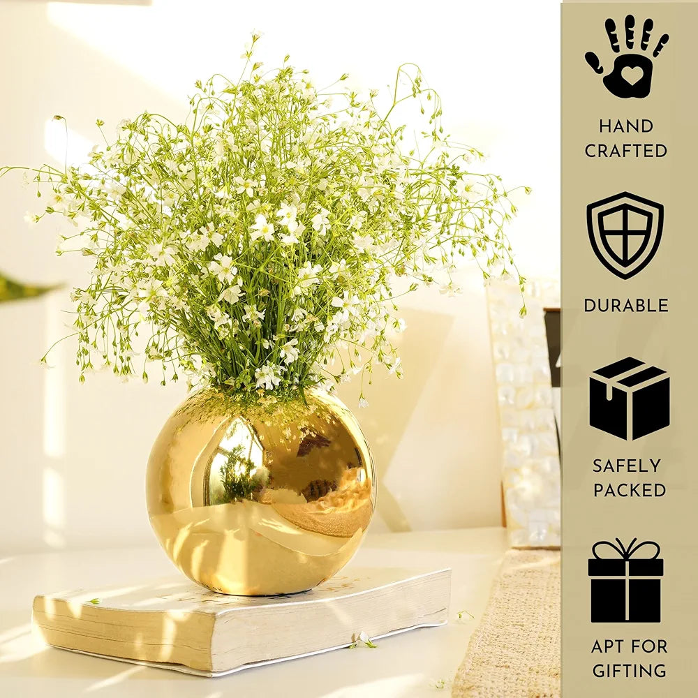 Behoma Metal Ball Round Flower Vase Gold Flowers not Included