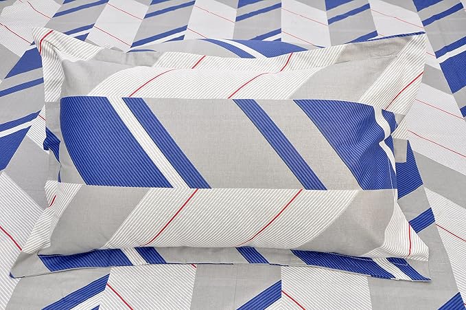Huesland by Ahmedabad Cotton 144 TC Cotton King Size Bedsheet with 2 Pillow Covers - Grey & Blue