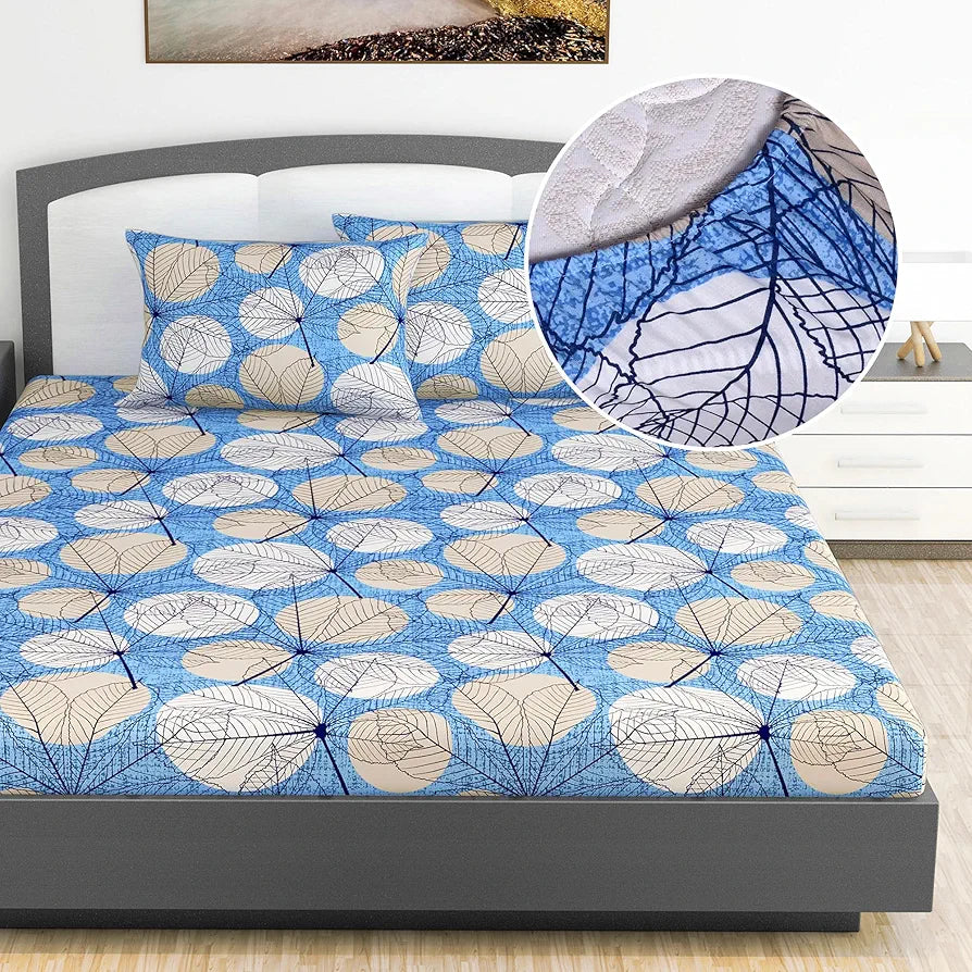 Divine Casa 144 TC Cotton Fitted Bedsheet for King Bed 100% Cotton Floral Blue Elastic Fit Everyday Use Bedsheet