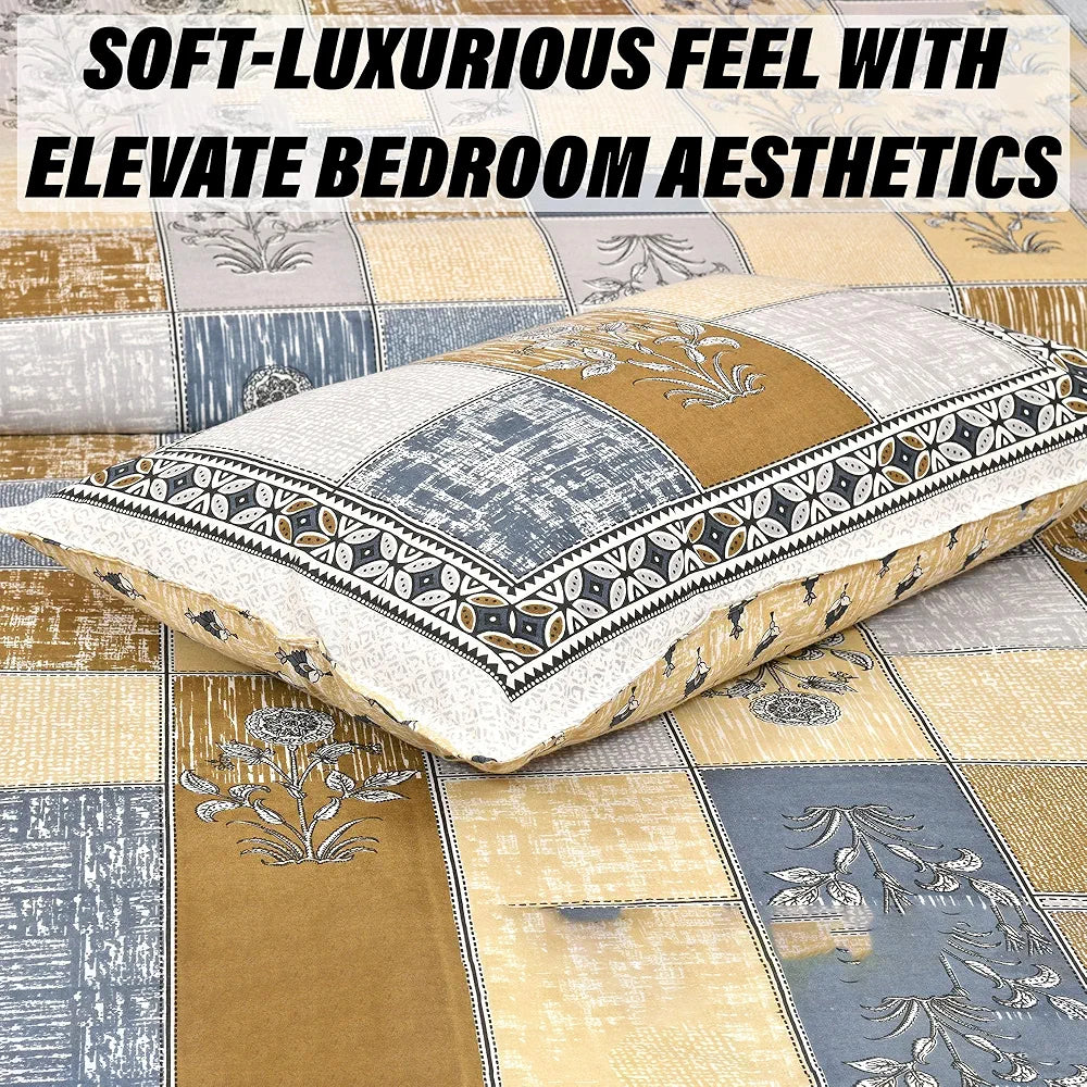 Kuber Industries Double Bedsheet with 2 Pillow Covers 160 TC Premium Cotton Gray & Yellow