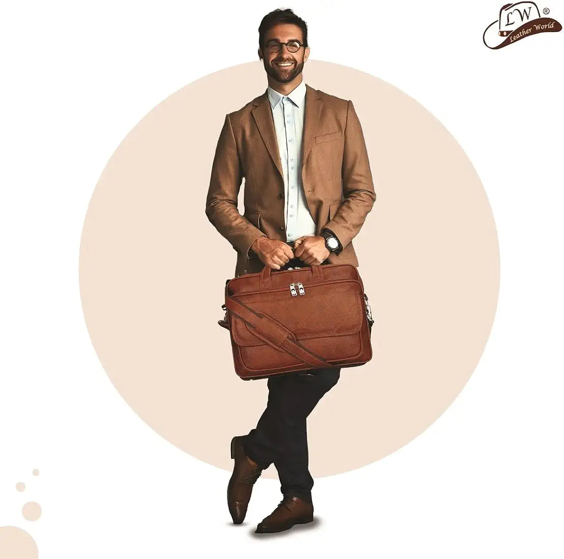 Leather World Synthetic Leather Briefcase 15.6 Inch Tan Laptop Expandable Messenger Shoulder Office Bag with Strap for Men and Women