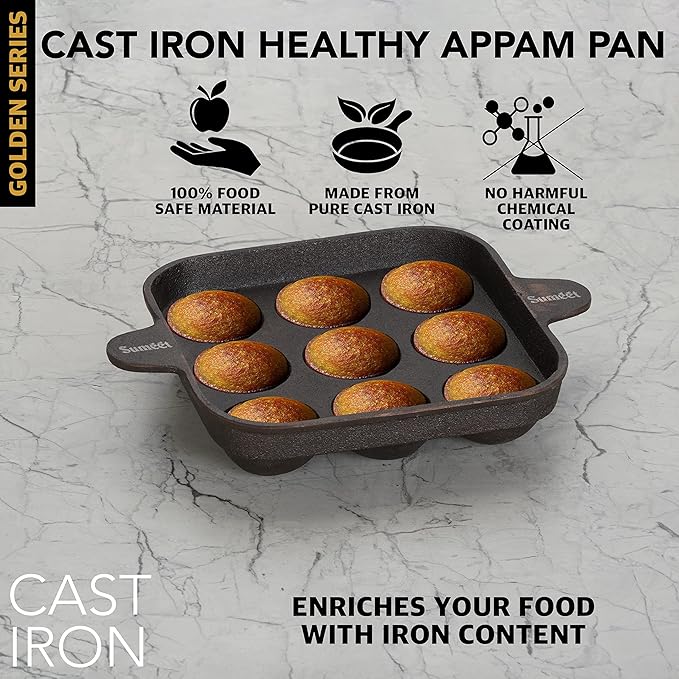 Sumeet Super Smooth Gold Series Pre Seasoned Cast Iron Appam Patra for Paniyaram | 18.50cm 1.5kg 9 Pit.