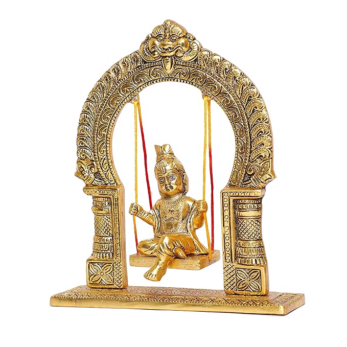 KridayKraft Metal Laddu Gopal Swing Jhula Gold Plated Krishna Jhula palna for Temple Pooja