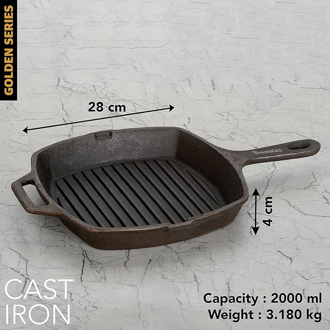 Sumeet Super Smooth Gold Series Pre Seasoned Cast Iron Grill Pan 28cm 3.180 kg
