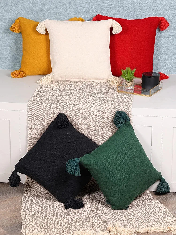 Sashaa World 100% Cotton Cushion Covers Colour Black With Tassels/decorative Throw Pillow( Set Of 2)