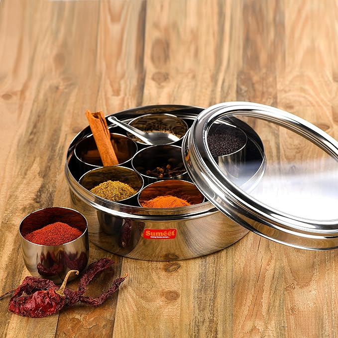 Sumeet Stainless Steel Round Masala (Spice) BoxOrganiser with See Through Lid With 7 Containers