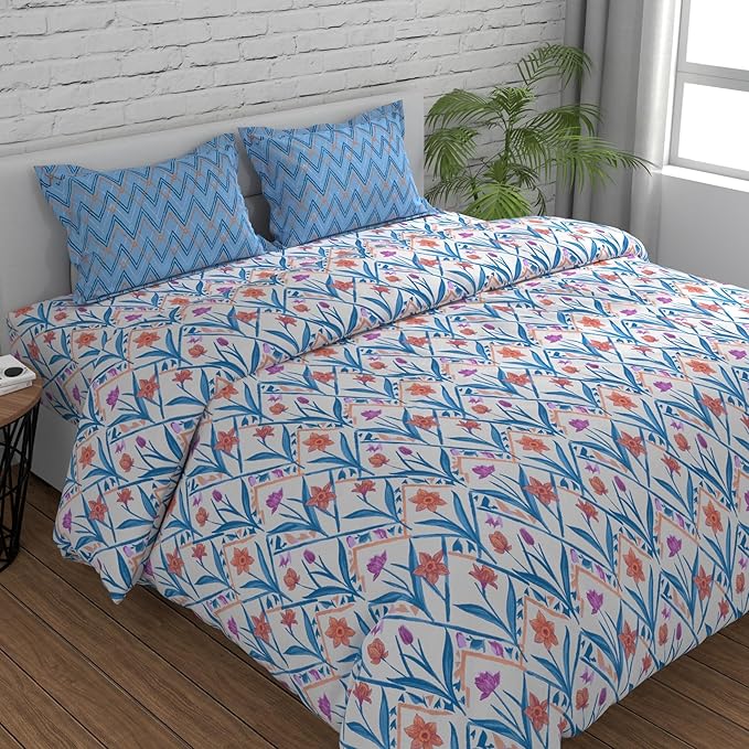 Huesland by Ahmedabad Cotton 144 TC Bedsheet for King Size Bed with 2 Pillow Covers | Botanical Chevron | Blue, Yellow & White