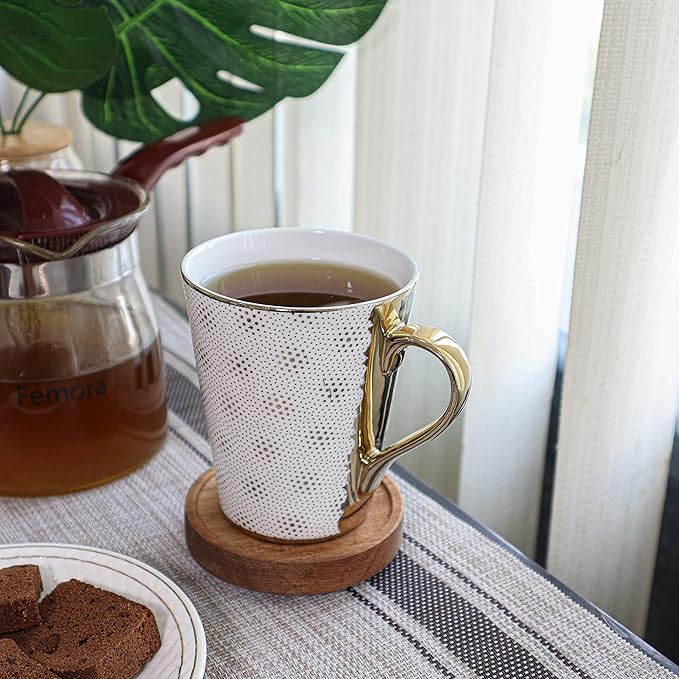 Femora Ceramic White-golden Coffee Mugs, Tea Mugs, Ceramic Tea Cups | 330 Ml | 1 Piece Set | Not Microwave Safe